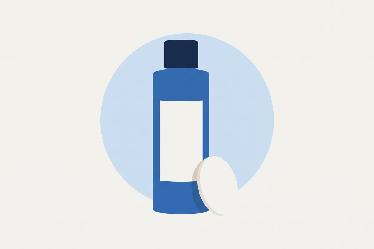 Illustration: eine Flasche Gesichtswasser mit Wattepad